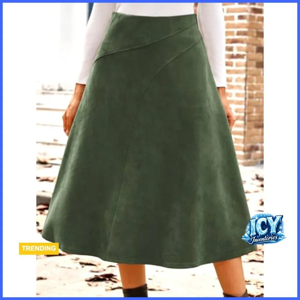 Faux Suede Midi Skirt High Waist A-Line Fall Winter Regular Fit